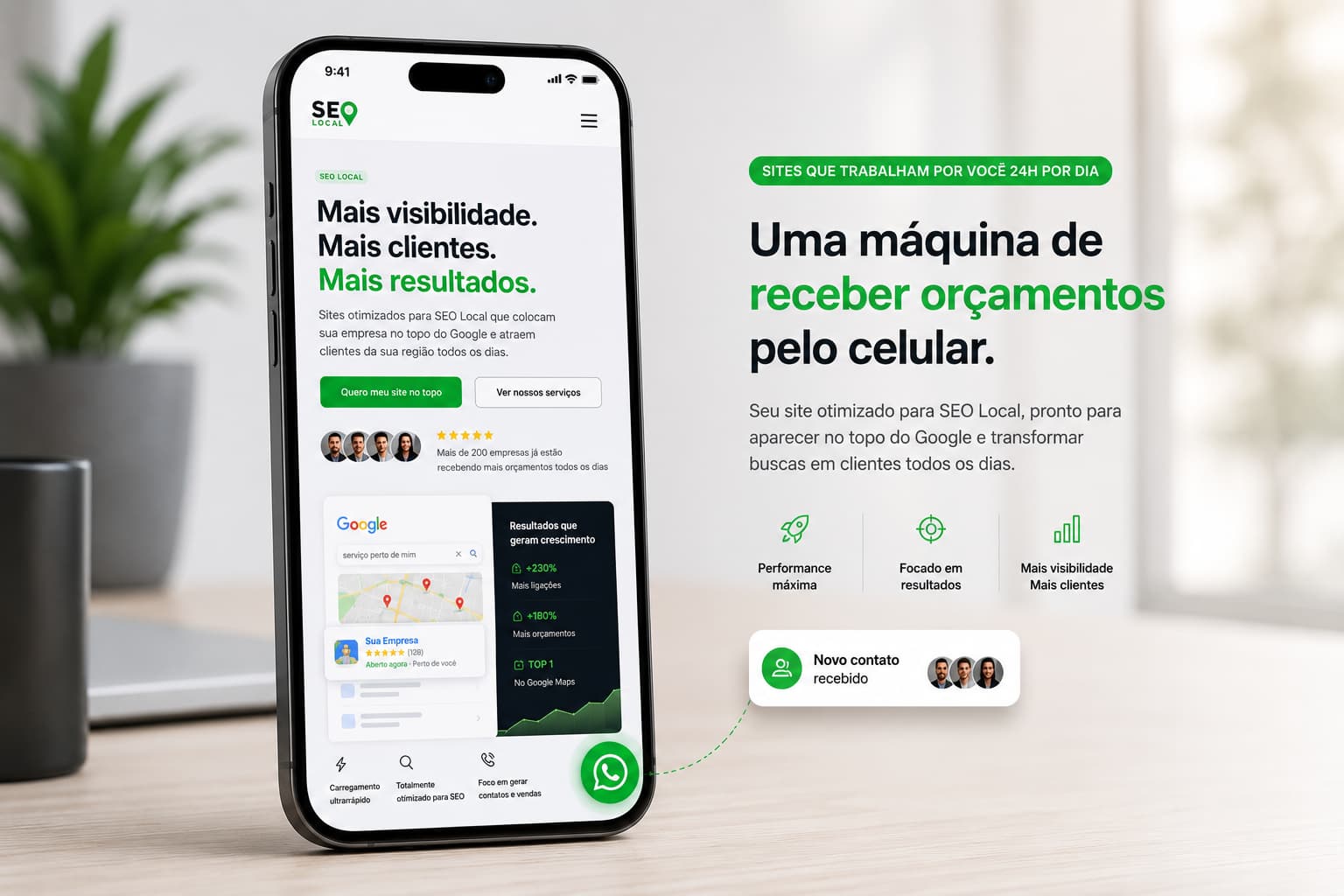 Mockup de um site profissional aberto em um smartphone, representando o serviço de criação de sites em Salvador focado em conversão e design mobile-first.