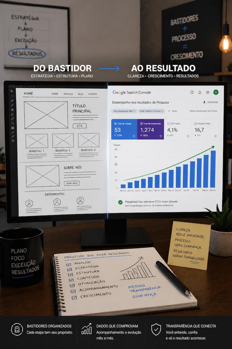 Tela de computador dividida entre a estrutura visual de um site e um gráfico de tráfego crescente no Google, mostrando as etapas da construção de sites profissionais