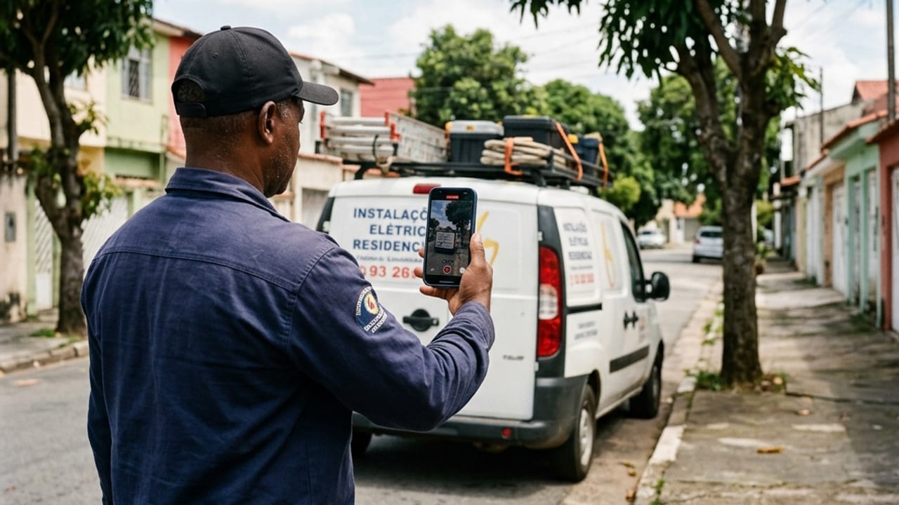 Mockup de smartphone exibindo a etapa de verificação por vídeo do Perfil da Empresa no Google.
